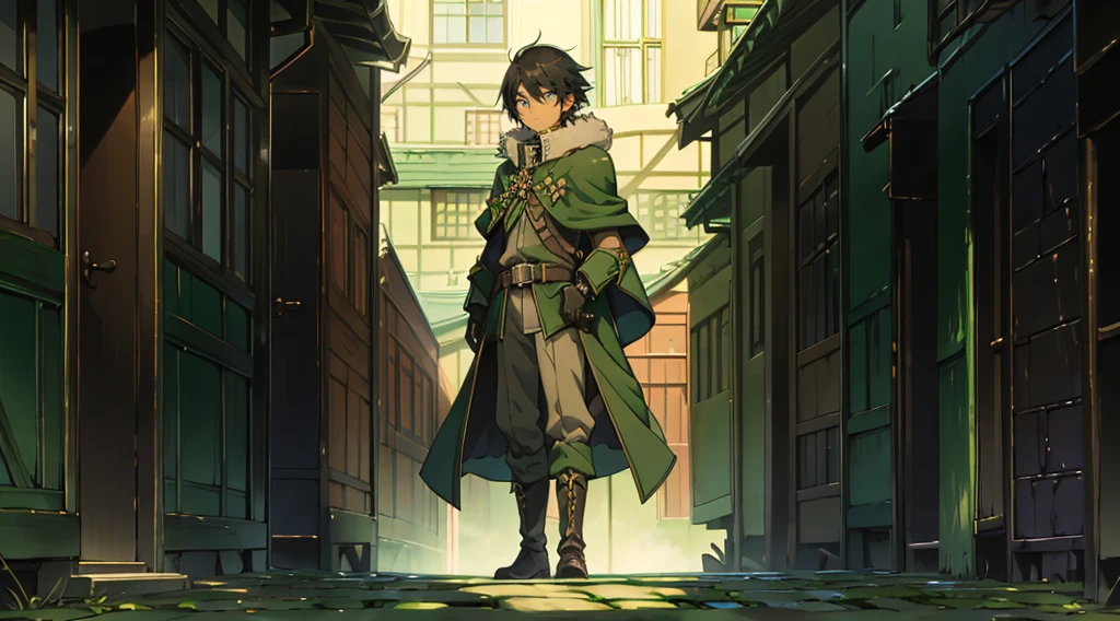 yuichiro hyakuya, (WithoutFear:1), 1 boy, black hair, green eyes, brown coat, gray armor, green shield, green cloak, dark brown gloves, town, white fur trim, tall, anime, standing, good quality, portrait, looking at viewer