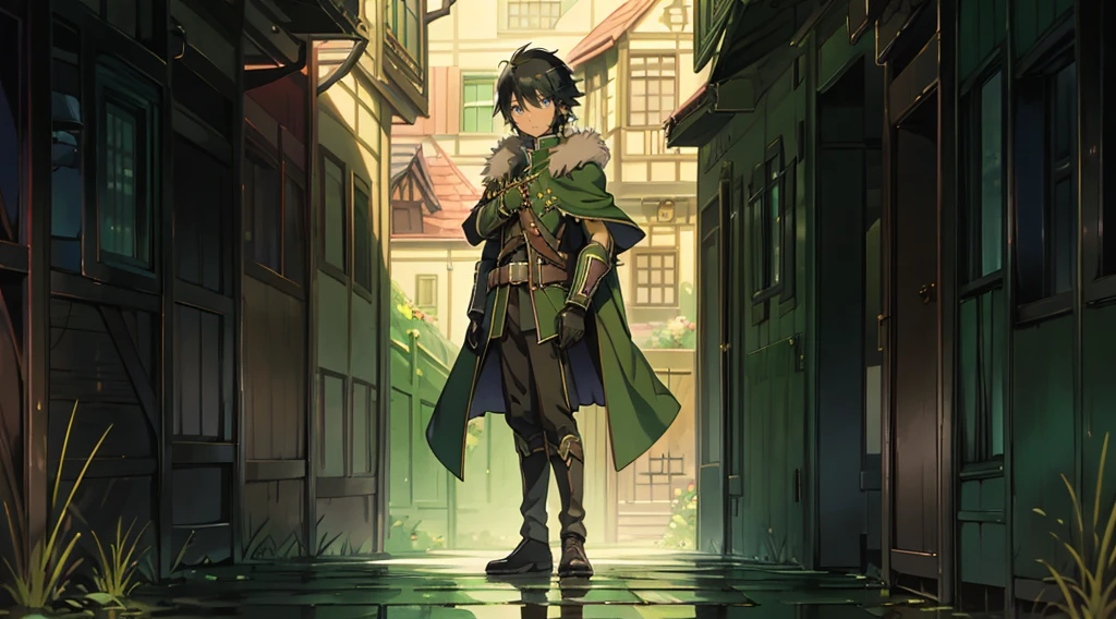 yuichiro hyakuya, (WithoutFear:1), 1 boy, black hair, green eyes, brown coat, gray armor, green shield, green cloak, dark brown gloves, town, white fur trim, tall, anime, standing, good quality, portrait, looking at viewer
