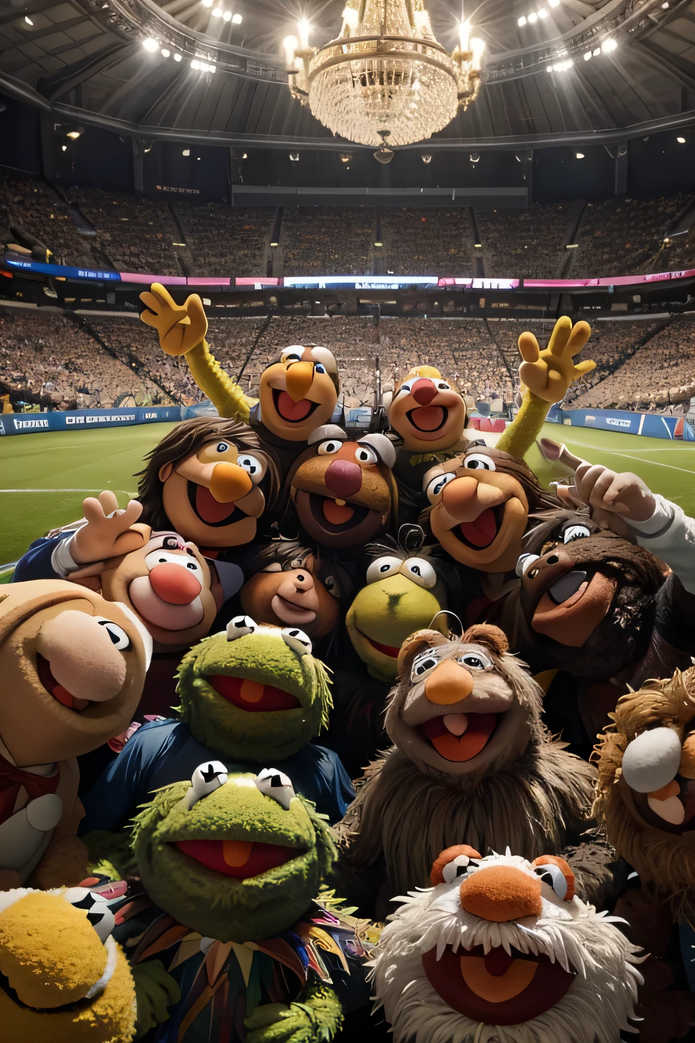 Best Quality, Masterpiece, photo of a muppet soccer team celebrating victory