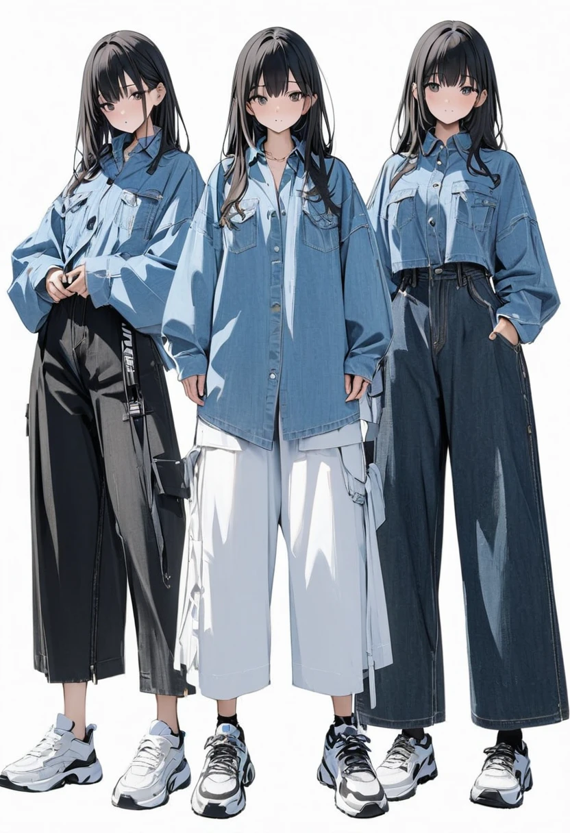 (masterpiece、Highest quality:1.2、8K)、Only one girl in the center、One person、Denim shirt、Layered、Wide-leg trousers、Simple sneakers、whole body、Simple Background、White background、