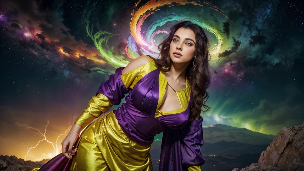 Background: a realm where galaxies collide and celestial clouds swirl. A glow from a thousand cosmic furnaces.
Foreground: a beautiful woman is standing, looking directly at the camera, divine, regal, celestial in appearance. She has long, flowing, dark hair, wide eyes, wearing a long sheer gown cut low in the front, small breasts, and cut up the side to her hip. Add bright, contrasting swirls of yellow, red, purple and green. Add lots of bright, contrasting colors.