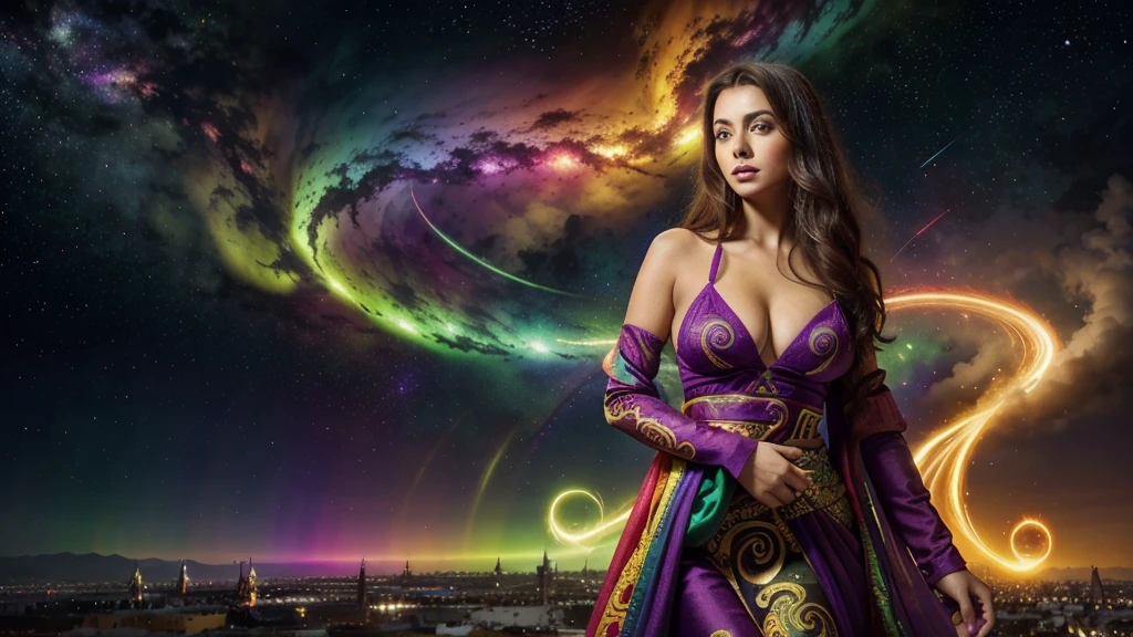 Background: a realm where galaxies collide and celestial clouds swirl. A glow from a thousand cosmic furnaces. Add bright, contrasting swirls of yellow, red, purple and green. Add lots of bright, contrasting colors. Add bright, contrasting swirls of yellow, red, purple and green. Add lots of bright, contrasting colors. Add bright, contrasting swirls of yellow, red, purple and green. Add lots of bright, contrasting colors.
Foreground: a beautiful woman is standing, looking directly at the camera, divine, regal, celestial in appearance. She has long, flowing, dark hair, wide eyes, wearing a long sheer gown cut low in the front, revealing ample cleavage, and cut up the side to her hip.