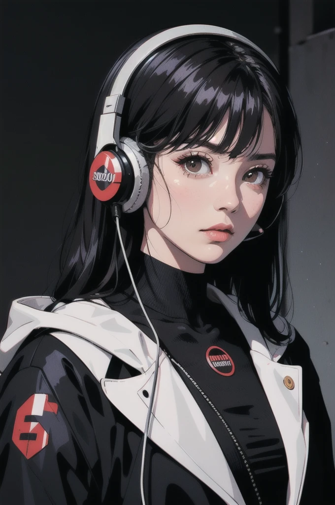 (Absurd, High resolution, Super detailed, Realistic, ), 1 18 years old,girl, alone, grace, Long black hair, suit,Brown eyes, (headphone),Cyberpunk city background, Super detailed, Highest quality, Detail view, Vectorized, 8K, graphic design, Vector line, Full HD,whole body