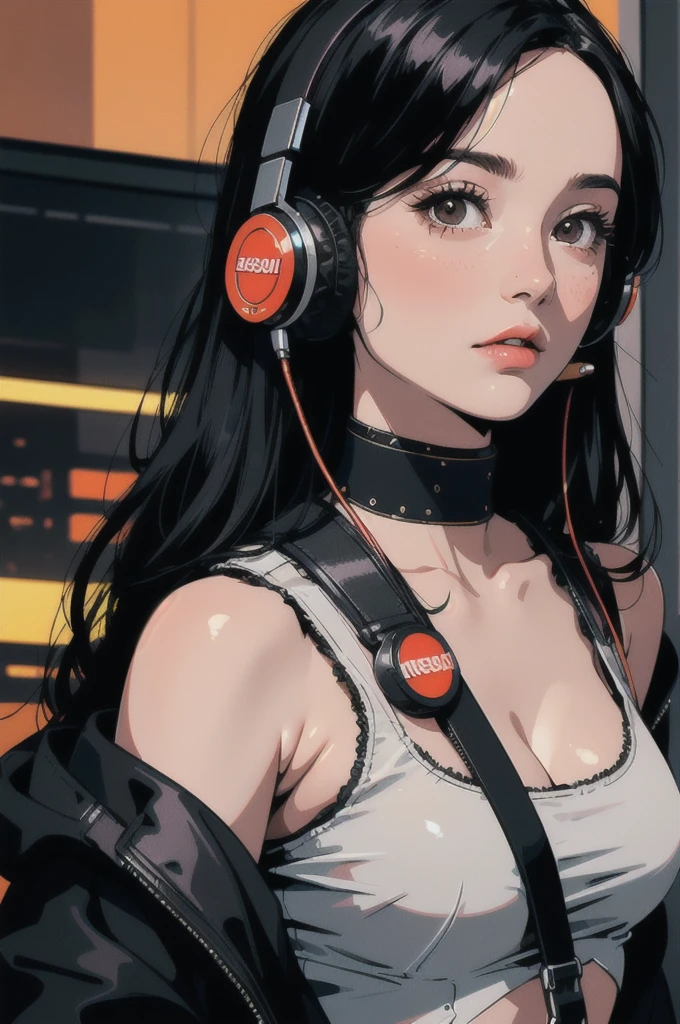 (Absurd, High resolution, Super detailed, Realistic, ), 1 18 years old，girl, alone, grace， Long black hair, suit,Brown eyes, (headphone)，Cyberpunk city background, Super detailed, Highest quality, Detail view, Vectorized, 8K,  graphic design, Vector line, Full HD，whole body