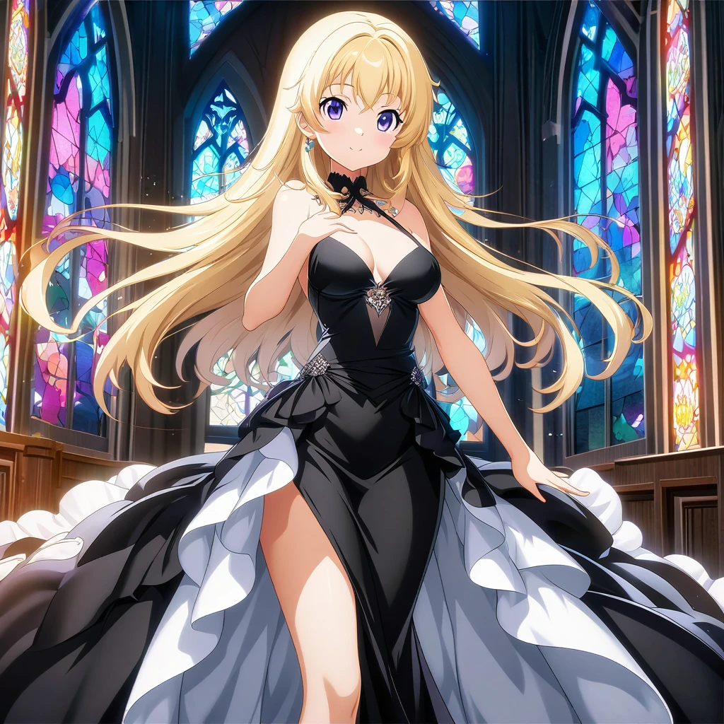anime girl in a black dress standing in front of a stained glass window, anime girl wearing a black dress, in dress, anime goddess, divine render, cute anime waifu in a nice dress, blonde anime girl with long hair, succubus in tight short dress, doing an elegant pose over you, smooth anime cg art, royal elegant pose