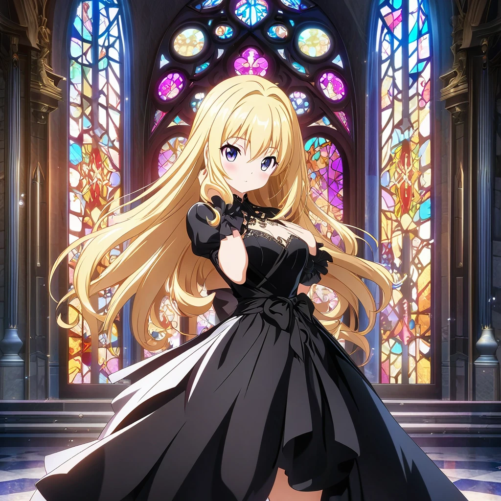 anime girl in a black dress standing in front of a stained glass window, anime girl wearing a black dress, in dress, anime goddess, divine render, cute anime waifu in a nice dress, blonde anime girl with long hair, succubus in tight short dress, doing an elegant pose over you, smooth anime cg art, royal elegant pose