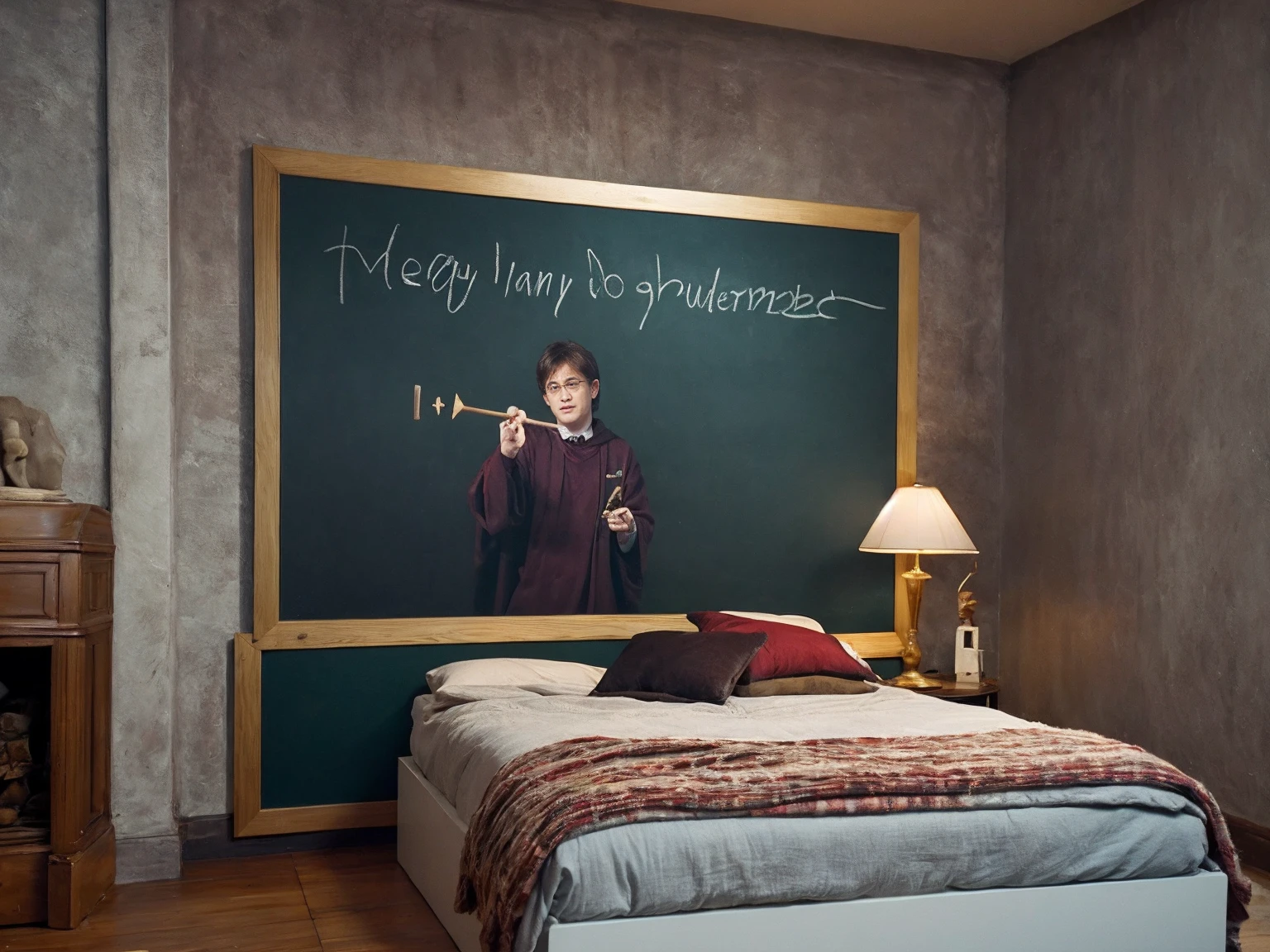 Wide Shot, Realistic harry potter bedroom movie design style
