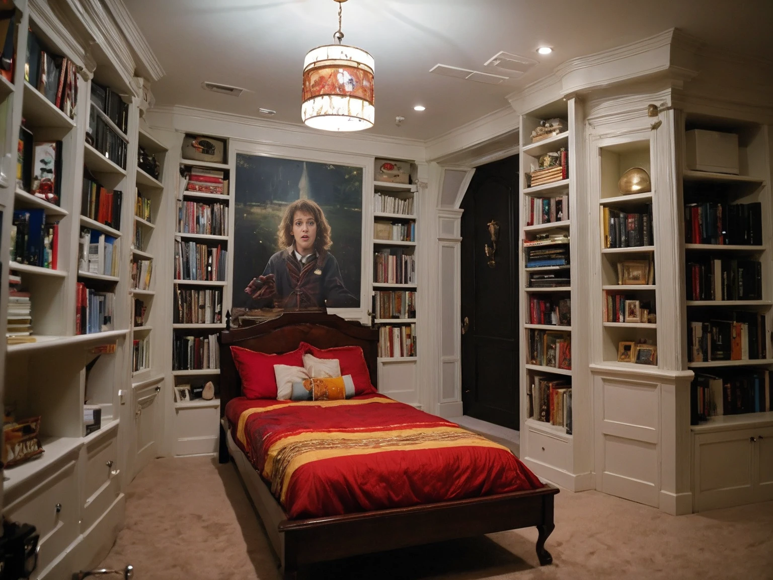 Wide Shot, Realistic harry potter bedroom movie design style
