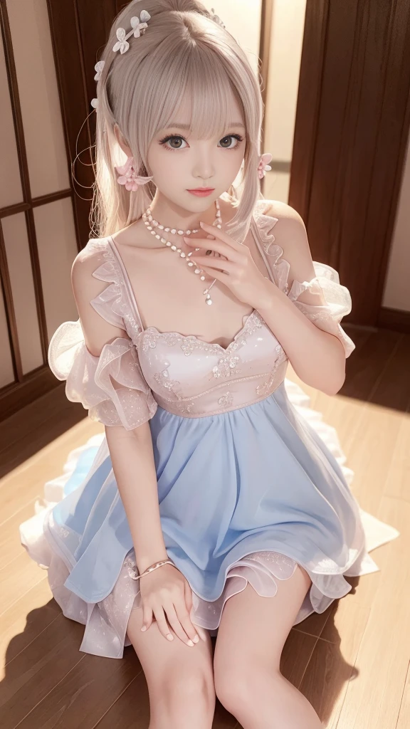 Sweet Girls Clothes 2,Pearl Necklace,Blue Dress,flower,Realistically, high resolution, 1 female, Solitary, (Delicate face), Brown hair, blue eyes、beautiful 、cleveage、mix４, (Best Illustration Award: 1.1), (The best shadow: 1.1), Express、Radiant skin。Practical、(Reality:1.37)、(Korean pop idol)、Messy hair、Medium Length Hair、(Pink blush)、(illuminate)、(solo)、Dynamic poses、(Thin legs)、North African Trade Zone、Very detailed content ambient occlusion、超high resolution, 超Practical, Very detailed content