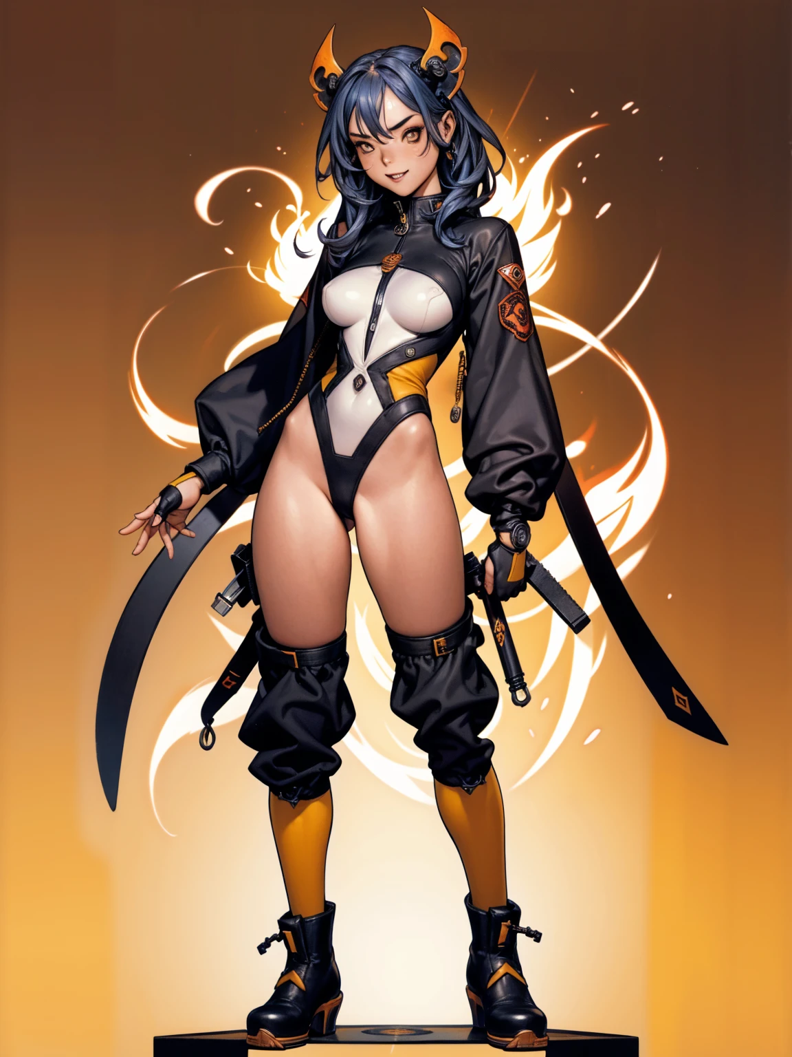 (((urban game wear))), ((( black blue and yellow suit ))), (((Bandaged body))), ((high collar)), (((corpo fitness))), (((best qualityer: 1.4))), (Unbeatable masterpiece), (hiper HD),(CG 8k hyper-realistic), (((brave face))), (((breasts small))), (((hyper feminine))), sexly girl, sucubus,（(long curly hair)), ((( sculptural body ))), (((1 girl))), 15 year old cyber girl with perfect body,,Beautiful and well-groomed face,muscular body:1.2,solid color detailed jacket, (Head to thigh photos)， complex outfit with graphic flames, (((standing alone))), violent brat, ((())), sexly, pose de atitude, Create a cool character for a gacha game based on the game Zenless Zone Zero, female character in devil clothes in warm colors, S-level fire elemental character, devil horns and tail, beautiful and cute face, nymph body, lolly, haughty, devilish smile, wielding a serrated sword, pose de atitude, aggressive movements, Shark teeth, fully body