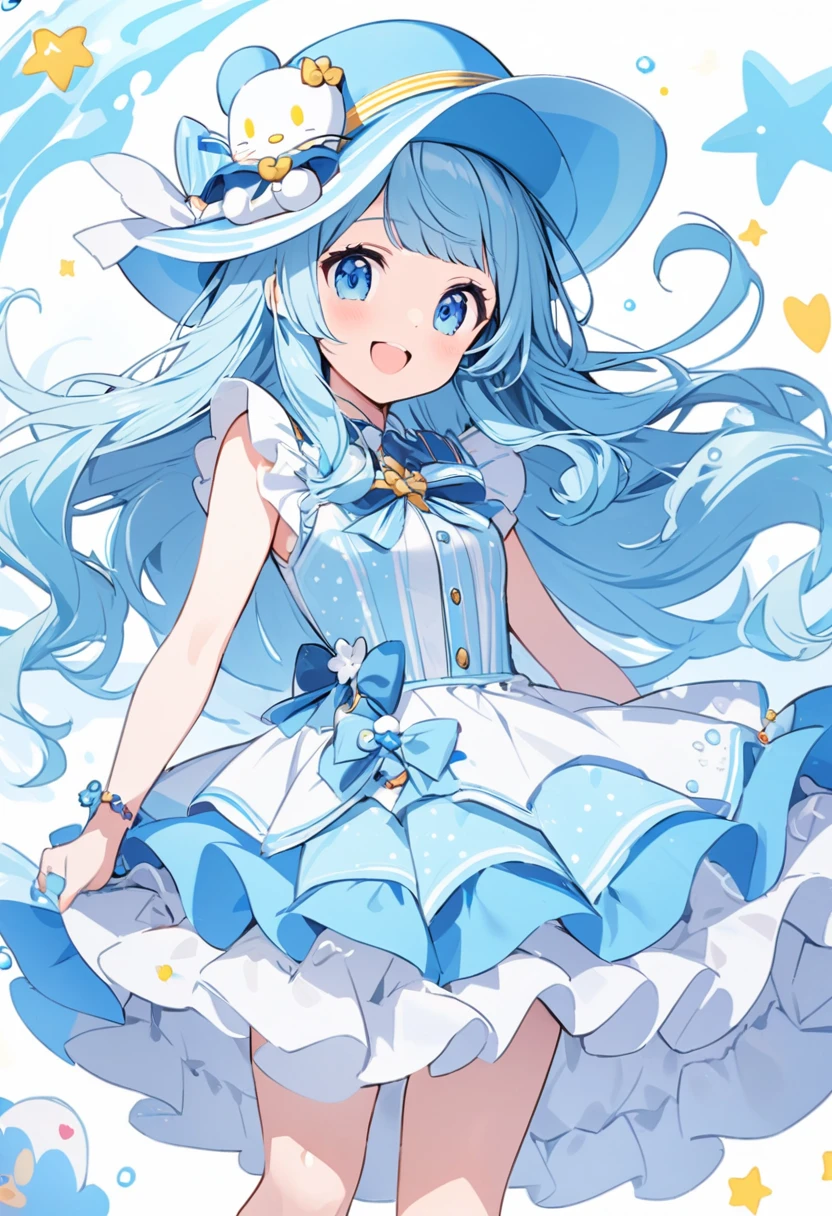 Cute smiling girl in flowing skirt, gorgeous blue Sanrio, wearing a sea hat.