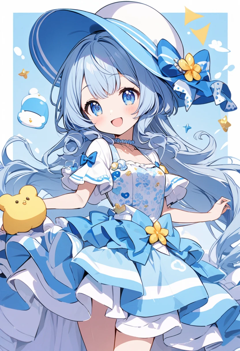 Cute smiling girl in flowing skirt, gorgeous blue Sanrio, wearing a sea hat.