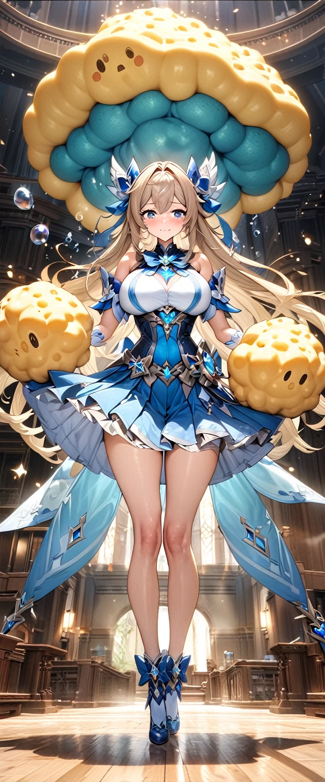 (Masterpiece), best quality, expressive eyes, perfect face,1 girl,New Willett,Genshin Effects,court room,bubbles in the air,giant sponge,shy smile,Blush,full body,glowing eyes,big breasts,rift,long hair,Sapphire gem,bare shoulders,(magical girl:1.4),Pleated dress,(Model skirt:1.2),studio lighting,(Sparks:0.9),(Glitter:0.9)