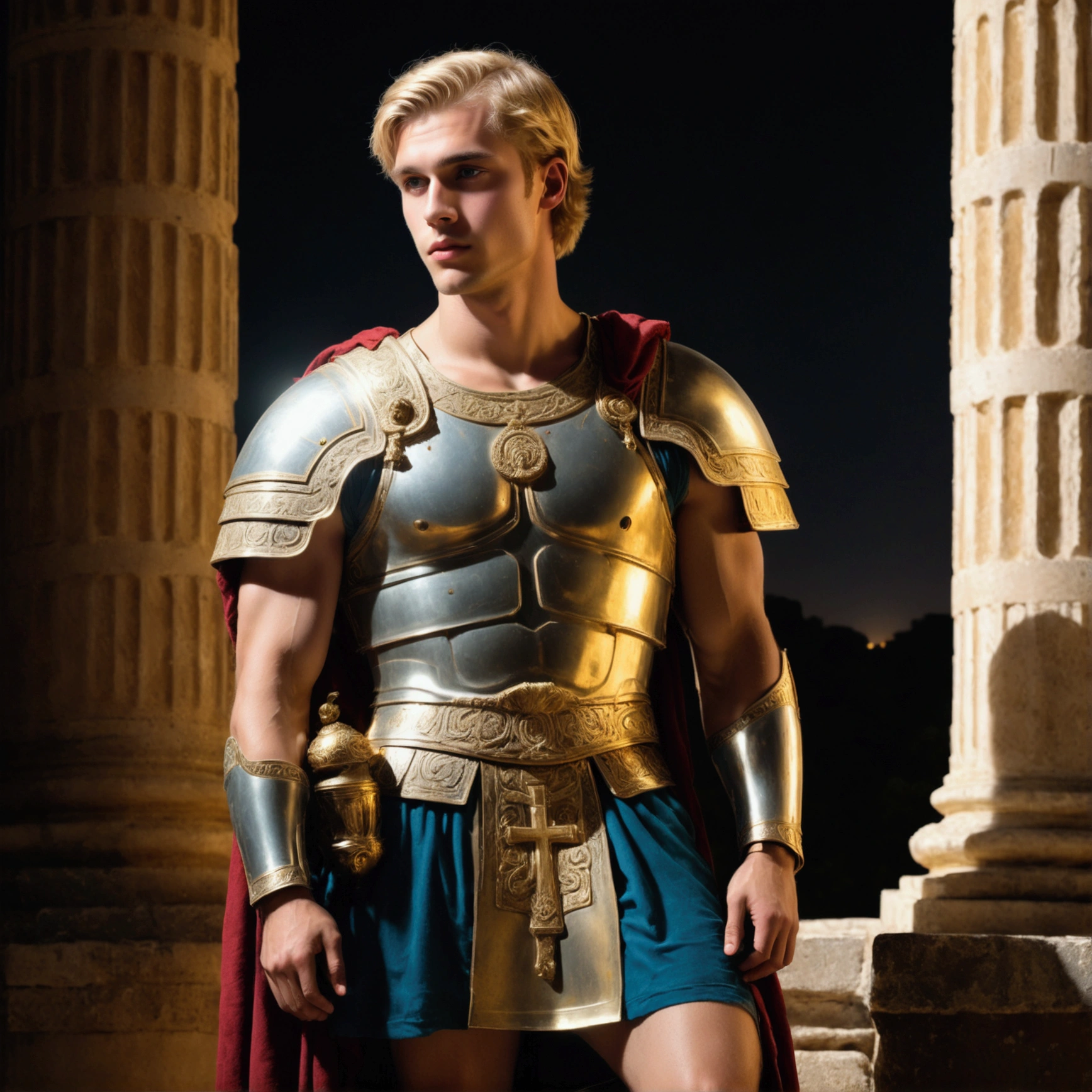 Handsome young blond man, around 20 years old, Roman soldier, wearing liturgical military uniform, Roman sandals and calf and knee pads, Ancient Greek temple, standing leaning against a pillar in thought, bowed slightly, holding helmet under one arm, weight on one leg with the other slightly bent, late night inside the temple (dark: 1.3) (unlit: 1.2), moonlight shining in at an angle and illuminating him clearly, highly detailed, photorealistic, realistic lighting, intricate architecture, ornate decor, cool color palette, golden accents, soft fabric textures, seductive facial expression, graceful pose, cinematic composition, natural lighting, realistic shadows, mysterious atmosphere, hyperrealistic, award-winning art