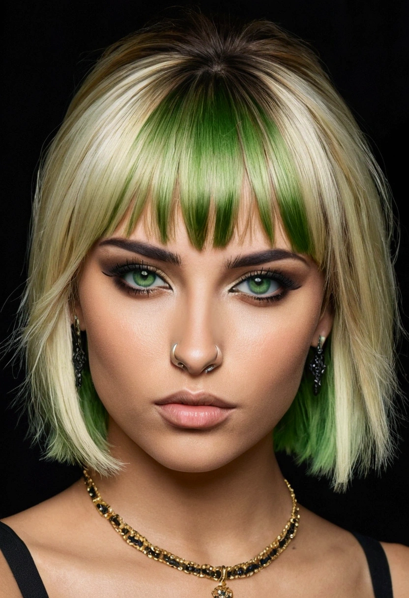   realistic with bangs and green eyes short blonde hair with black highlights and nose ring 
