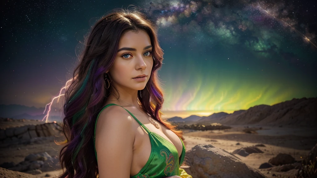 Background: a realm where galaxies collide and celestial clouds swirl. A glow from a thousand cosmic furnaces. Add bright, contrasting swirls of yellow, red, purple and green. Add lots of bright, contrasting colors. Add bright, contrasting swirls of yellow, red, purple and green. Add lots of bright, contrasting colors. Add bright, contrasting swirls of yellow, red, purple and green. Add lots of bright, contrasting colors.
Foreground: a beautiful woman is standing, looking directly at the camera, divine, regal, celestial in appearance. She has long, flowing, dark hair, wide eyes, wearing a long sheer gown cut low in the front, revealing ample cleavage, and cut up the side to her hip. 