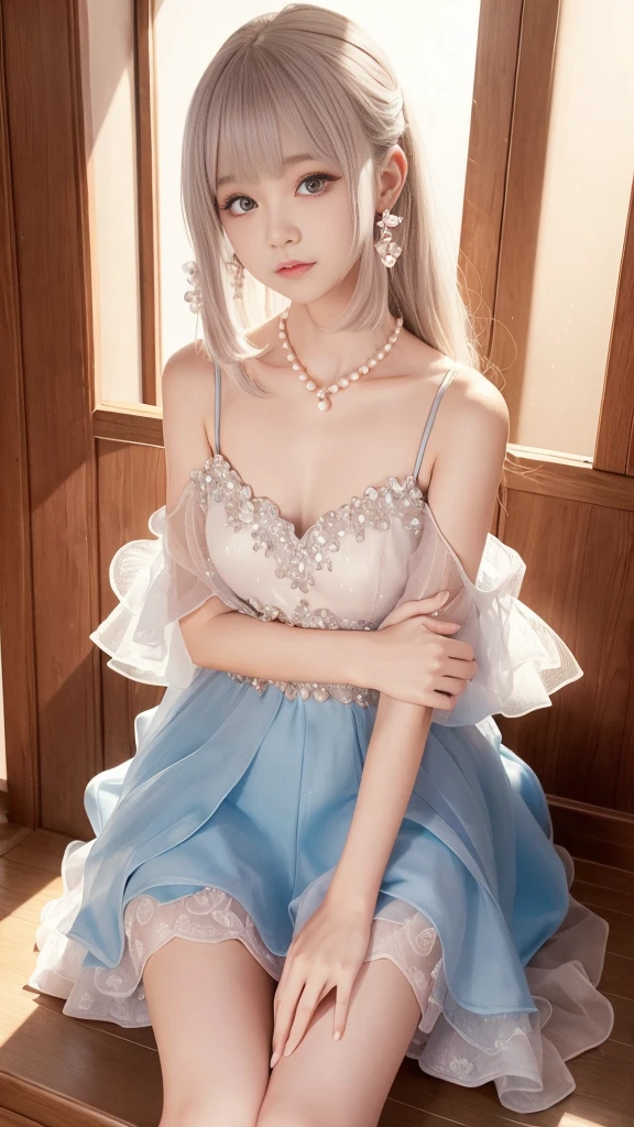 Sweet Girls Clothes 2,Pearl Necklace,Blue Dress,flower,Realistically, high resolution, 1 female, Solitary, (Delicate face), Brown hair, blue eyes、beautiful 、cleveage、mix４, (Best Illustration Award: 1.1), (The best shadow: 1.1), Express、Radiant skin。Practical、(Reality:1.37)、(Korean pop idol)、Messy hair、Medium Length Hair、(Pink blush)、(illuminate)、(solo)、Dynamic poses、(Thin legs)、North African Trade Zone、Very detailed content ambient occlusion、超high resolution, 超Practical, Very detailed content