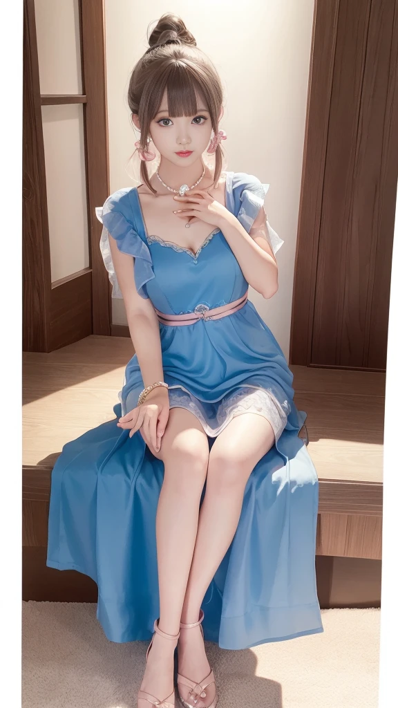 Sweet Girls Clothes 2,Pearl Necklace,Blue Dress,flower,Realistically, high resolution, 1 female, Solitary, (Delicate face), Brown hair, blue eyes、beautiful 、cleveage、mix４, (Best Illustration Award: 1.1), (The best shadow: 1.1), Express、Radiant skin。Practical、(Reality:1.37)、(Korean pop idol)、Messy hair、Medium Length Hair、(Pink blush)、(illuminate)、(solo)、Dynamic poses、(Thin legs)、North African Trade Zone、Very detailed content ambient occlusion、超high resolution, 超Practical, Very detailed content