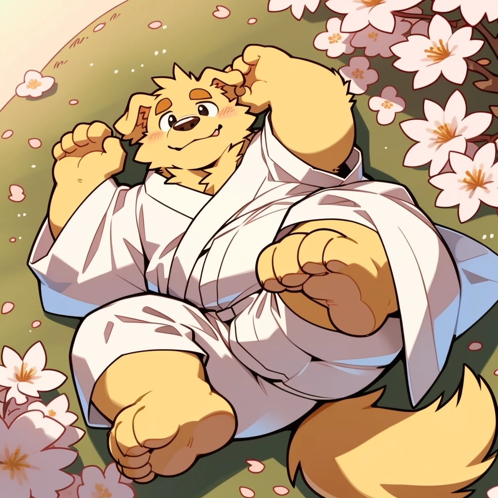 Scribble Golden Retriever face,Cute face,Humanity(Golden Retriever),(White Kimono:1.3),Chubby,(Brown eyebrows:1.1),(Perfect black eyes),（artist:Takemoto Arashi）,(Bulging buttocks)，Cherry blossoms，Wolf Tail，Lying position，Furry Paws。