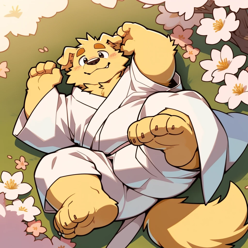 Scribble Golden Retriever face,Cute face,Humanity(Golden Retriever),(White Kimono:1.3),Chubby,(Brown eyebrows:1.1),(Perfect black eyes),（artist:Takemoto Arashi）,(Bulging buttocks)，Cherry blossoms，Wolf Tail，Lying position，Furry Paws。