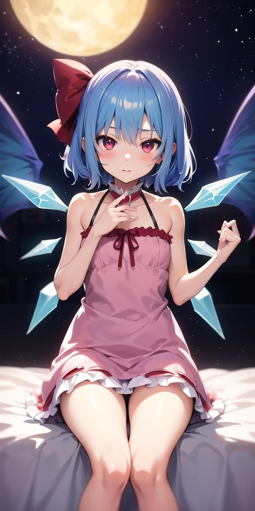 Anime Femboy, Fine skin, cute, (masterpiece, highest quality, 8K ultra-high resolution:1.4), beautiful detailed eyes, ultra-detailed, drsizukachan1, 
Standing, front view,
remilia_scarlet_touhou, red_eyes, mob_cap, short_hair, bat_wings, wings, hat, blue_hair,  hair_between_eyes, bangs, smile, red_ribbon,
(((Completely naked))), pussy line,
((Femboy)), no ko , a feminine boy, (((no constriction, Dim body)))
red moon night background,