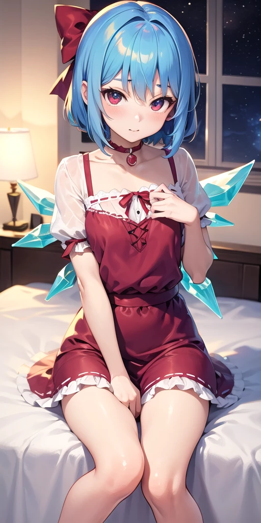 Blue hair sitting on bed、Anime girl in pink dress, I will deny this, Devil anime girl, Anime cute art style, remilia scarlet From, Attractive anime girl, Lolita in a skirt, Night Core, From, cirno From, Beautiful Succubus, Top rated on Pixiv, , Cirno East