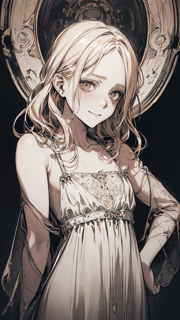 Highest quality, (Background details), High Contrast, Very beautiful , Detailed original illustrations,very small stature、Baby Face、Villain、gnome,Villain、 Wavy platinum blonde hair、 Delicate face, Spoiled brat、White sundress、Real breasts, Flat Chest、Crazy Smile, Crazy Eyes, Black background, (Black background: 1. 5), Beautiful line art, Monochrome