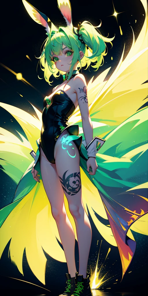 Cartoon photo of busty woman in blue and green and yellow costume、Hot insect humanoid female、Guyver Style、SFW version、Scarabeleploid、tail、Cel Shade Adult Animation、Alien Queen、Core Crystal、