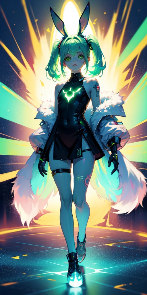 Rabbit technique , Science Fiction, Fluffy ,
1 girl, Tattoo, Glowing tattoo, Glowing eyes, Colorful glowing hair , Full body love, Green Hair,
Kawaiitech, Soft colors, Kawaii, Lovely colors,