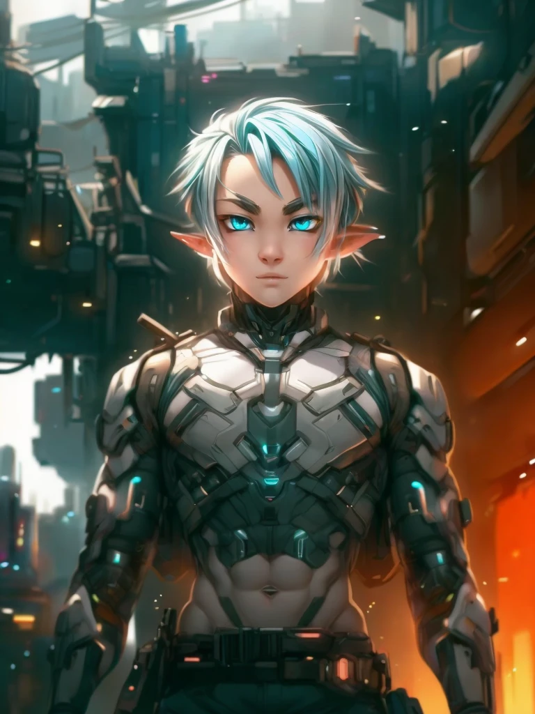 Femboy, cyberpunk style, blue hair, blue eyes, 1boy, elf ears, without , six pack abs, cute face