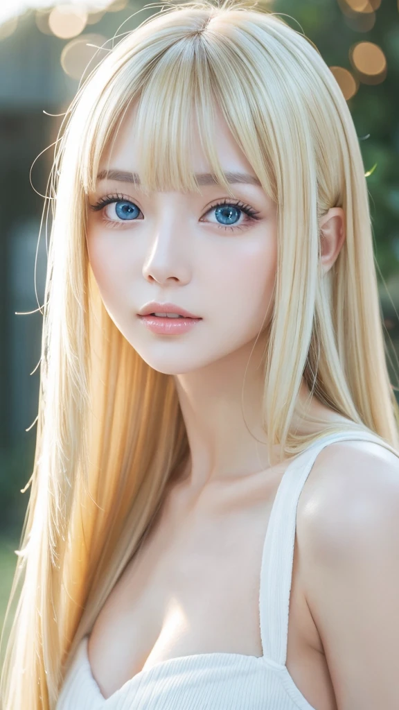 real photo quality、extraordinary sexy beauty、Beautiful calm and bright expression、sexy and refreshing look、Perfect beautiful cute face with long bangs、Super long bright blonde straight hair、beautiful face hair、very cute beautiful sexy young little woman、very perfect beautiful cute face、Very beautiful bright pale sky blue big eyes、very big eyes、white beautiful skin、Shiny skin、Gloss skin、cheek gloss、small face beauty