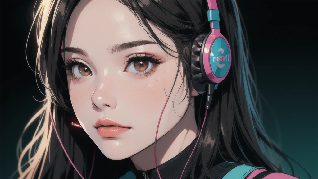 (Absurd, High resolution, Super detailed, Realistic, ), 1 18 years old，girl, alone, grace， Long black hair, suit,Brown eyes, (headphone)，Cyberpunk city background, Super detailed, Highest quality, Detail view, Vectorized, 8K,  graphic design, Vector line, Full HD，whole body