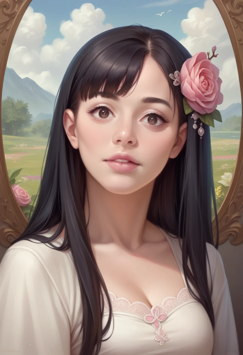 photoRealistic, Lip gloss, Painting, Realistic, Highest quality, Ultra-high resolution, depth, pastel colour, Natural Shading, Focus on the face, Face only, View your viewers, Long Hair, hair accessory, Black Hair, Brown, well-detailed eyes, dress