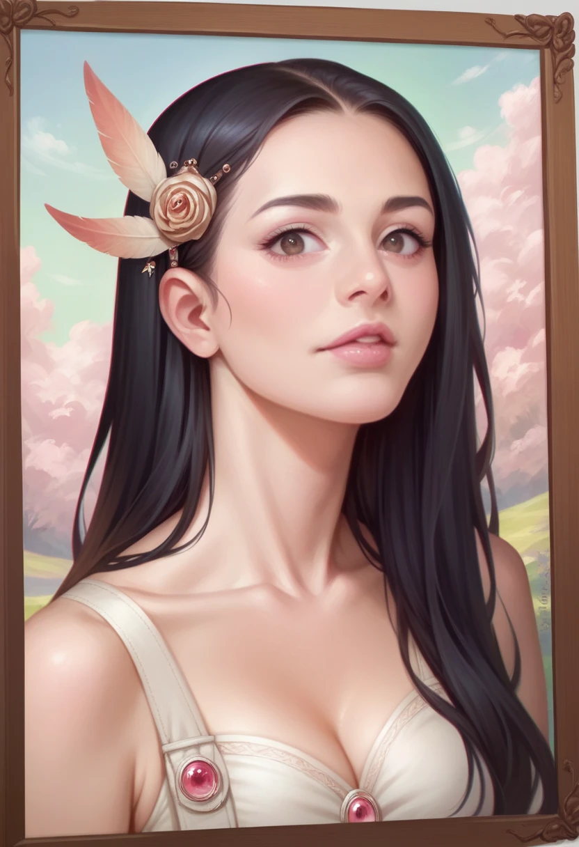 photoRealistic, Lip gloss, Painting, Realistic, Highest quality, Ultra-high resolution, depth, pastel colour, Natural Shading, Focus on the face, Face only, View your viewers, Long Hair, hair accessory, Black Hair, Brown, well-detailed eyes, dress