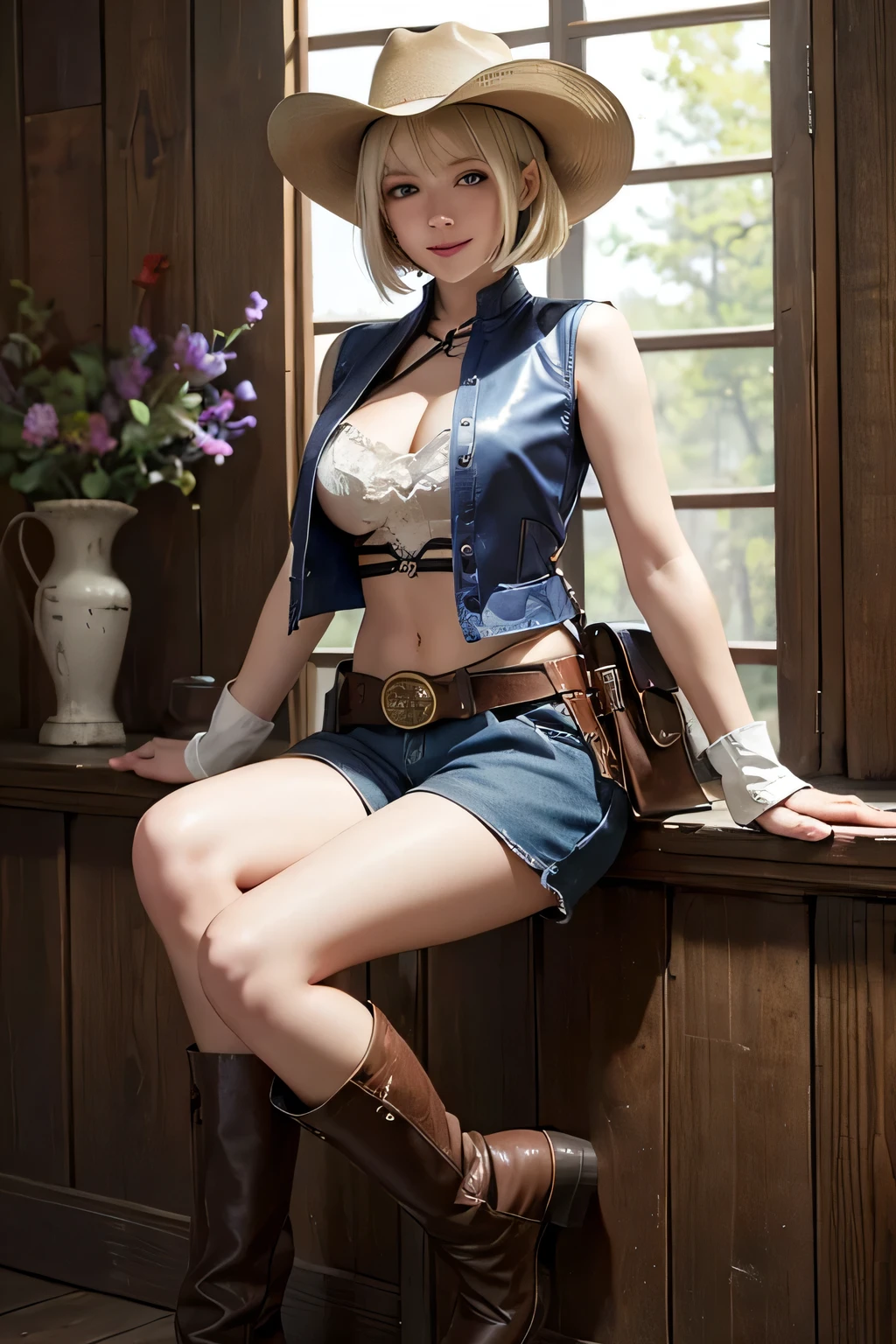((Highest quality)), ((masterpiece)), (detailed), Girl、Slim body、blue eyes、Blonde Hair、Hair bob-cut、Very large breasts、smile、Ten-gallon hat、A western vest with a very wide neckline、No bra、Shorts、Leather long boots、Carry one revolver、Holster on waist、The background is the wilderness、Daytime、Stand with your feet apart