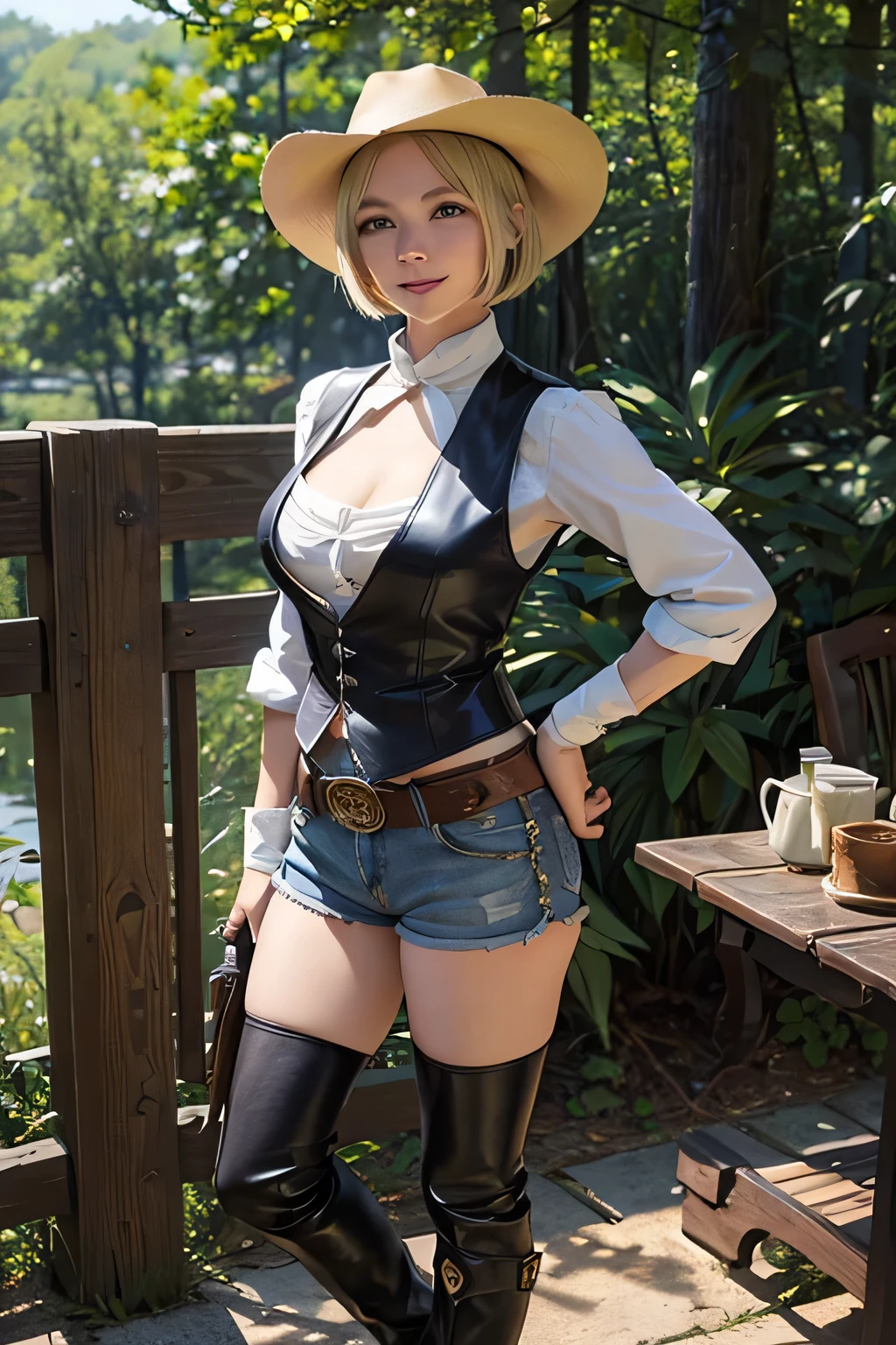 ((Highest quality)), ((masterpiece)), (detailed), Girl、Slim body、blue eyes、Blonde Hair、Hair bob-cut、Very large breasts、smile、Ten-gallon hat、A western vest with a very wide neckline、No bra、Shorts、Leather long boots、Carry one revolver、Holster on waist、The background is the wilderness、Daytime、Stand with your feet apart
