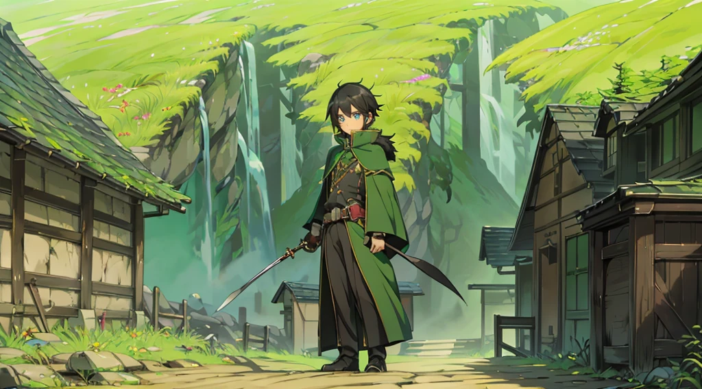 yuichiro hyakuya, (WithoutFear:1), 1 boy, black hair, green eyes, brown coat, gray armor, green shield, green cloak, dark brown gloves, town, white fur trim, tall, anime, standing, good quality, portrait, looking at viewer