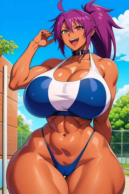 venusbody,1 girl,Alone, bleach, Yoruichi Shihoin,(huge breasts:1.1),giant hips,Wide hips,Thighs gruesos,(Thighs enormes:1.3),tube top, microfalda, SMILE, happy, Open mouth, Thighs, long ponytail, dark purple hair, Dark skin, hits, looking at the viewer, outdoor, neck