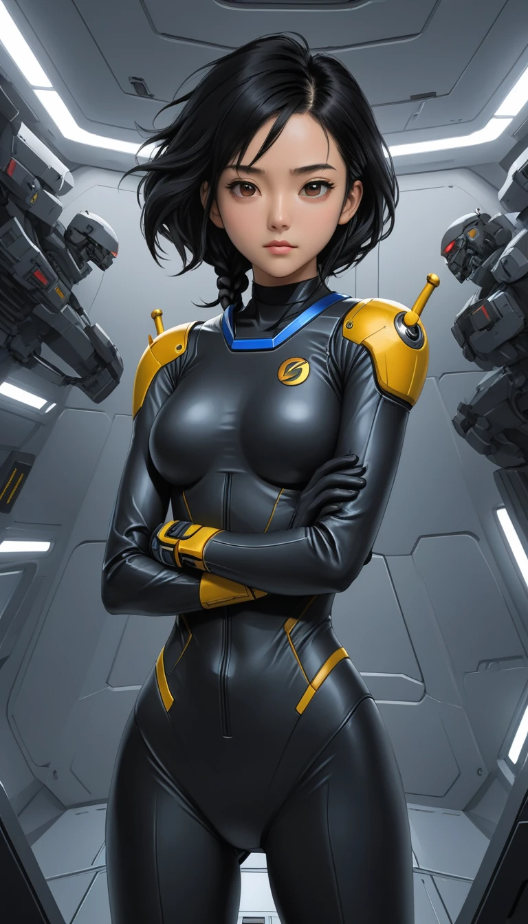 1 Girl、Medium Bust、solo、Black Hair、Braid、Mobile Race Suit、Shoulder Armor、ceiling、Wide Shot、Looking Ahead、Arms crossed、Closed Mouth、Highest quality、medium quality、22 years old、Mobile Trace System、cockpit、Asian、