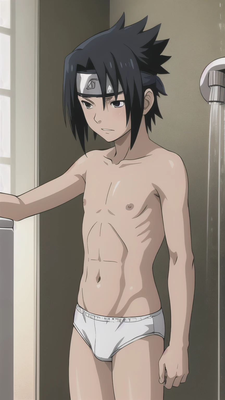 Sasuke, high tan skin, topless, white briefs, pubic hair, showering, bathing, ***************s,