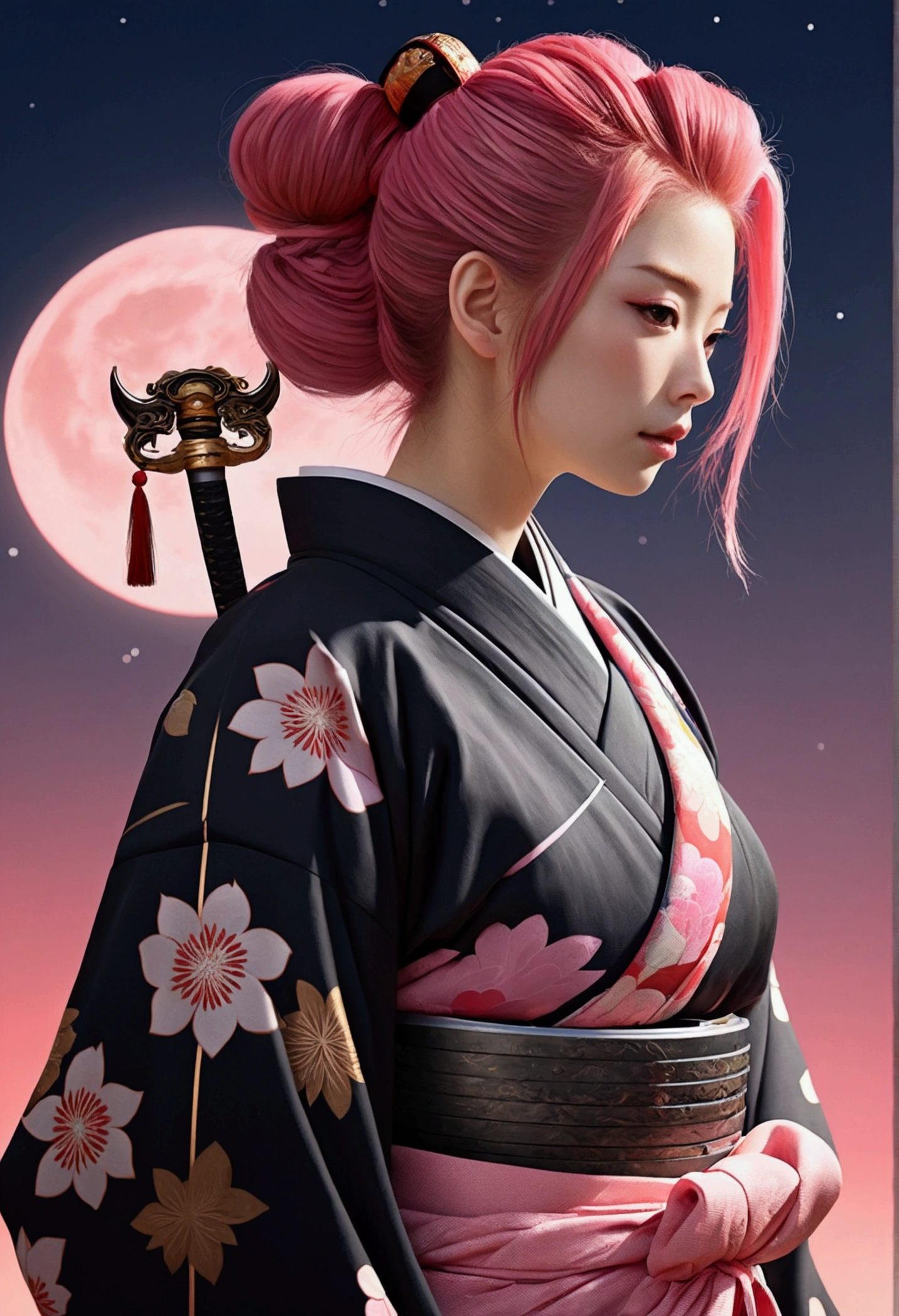 Highest quality,Highest Resolution,(((kimono))) woman samurai Pink Hair ponytail long Japanese sword