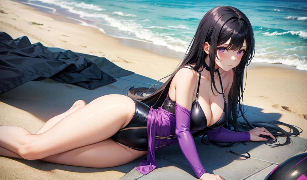 Adult woman with long black straight hair,purple swimsuit,cleavage,thigh,beach