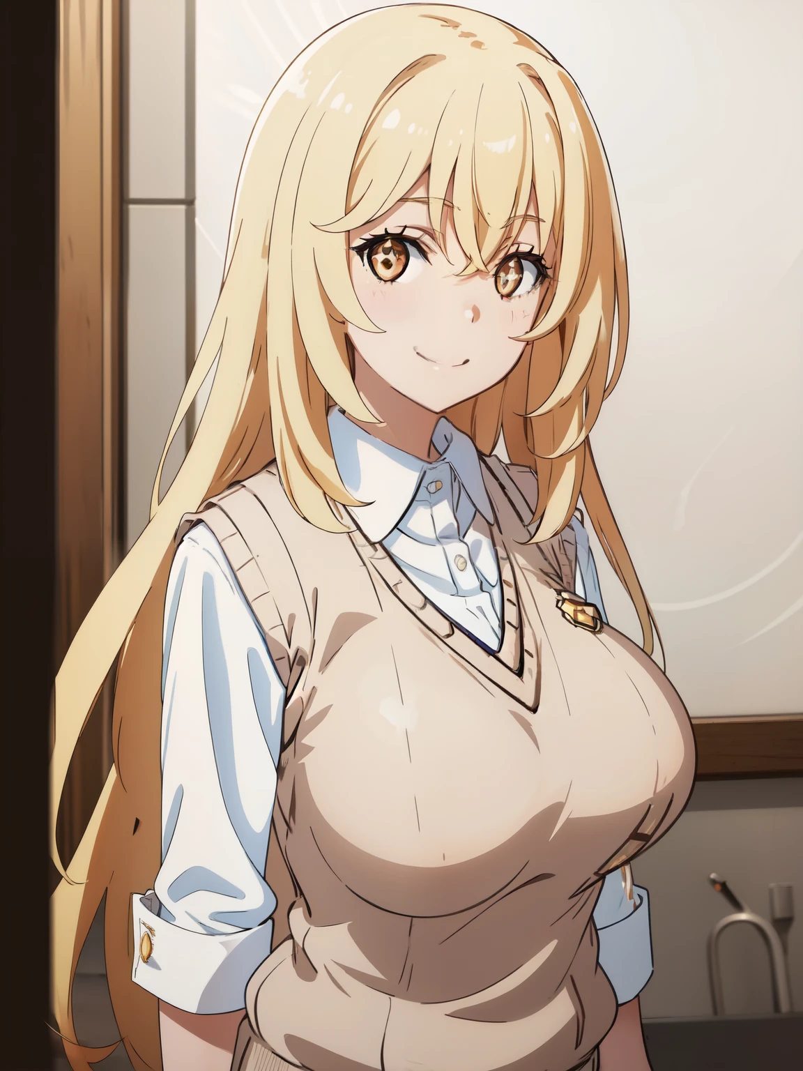 masterpiece,1 girl,(huge breasts),smilling,white shirt formal,room,whole body,shokuhou_misaki,blonde hair,sparkling eyes,,(light brown sweater vest:1.2)