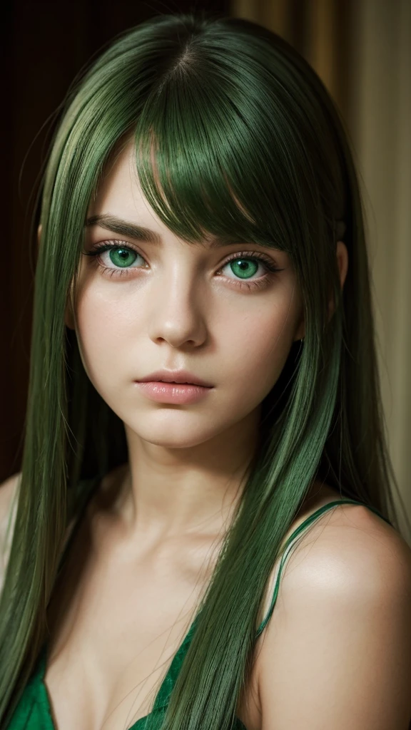 a girl. face sent feeling. Europe. Oval face. long face. delicate facial features. sad eyes. seductively seductive. green eyes. long straight hair. green hair. Sad and disappointed expression.