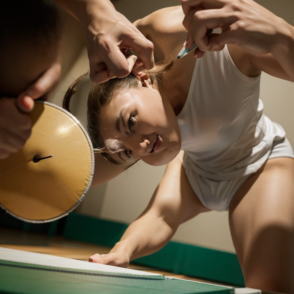 Masterpiece, Great, CG drawing with very high detail., shot of someone serving in ping pong, close up of hand grabbing ping pong paddle