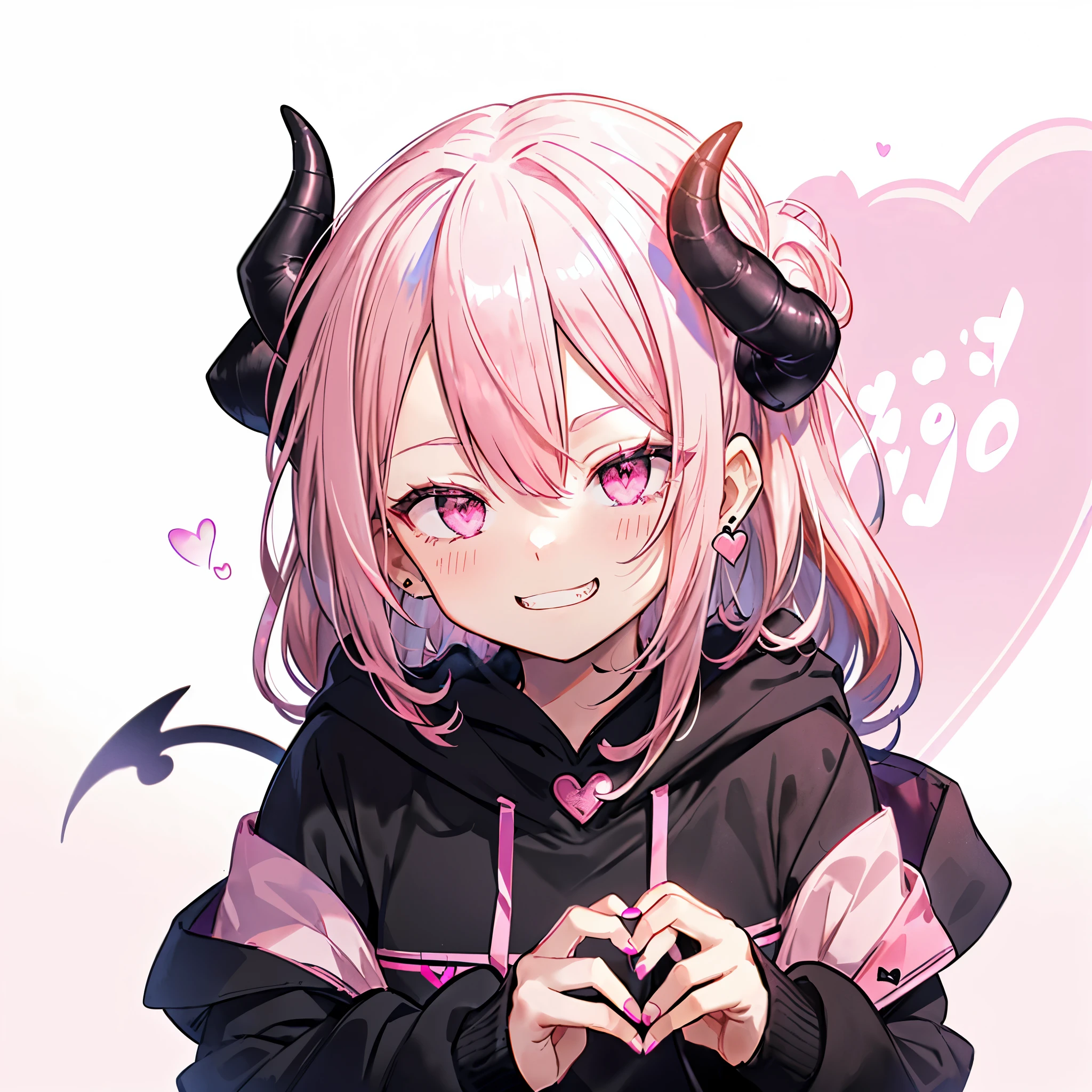 ((((Jagged　Open your mouth　Grin　Pink Background　shining heart))))　(((Black hoodie　Wearing a hood　Demon Horns　Heart Iris　Close-up　Pink Hair　Long Hair　Making a heart with both hands)))　((Shiny earrings　Small black ribbon))　Shining Edge　Shining Background