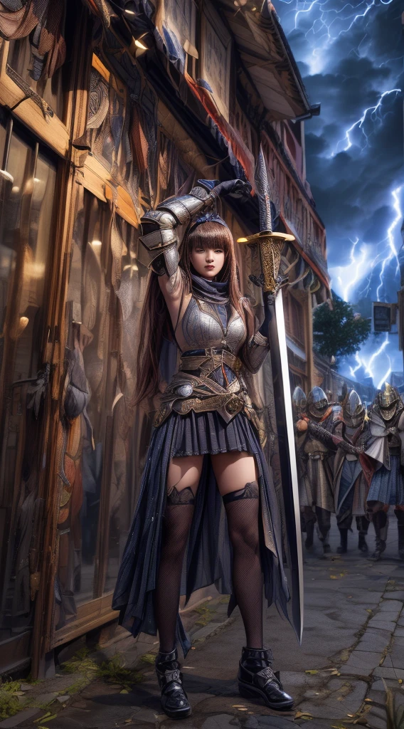 Cowboy Shot、Very beautiful woman、Slender women、(Detailed face)、Realistic Skin、((evil knight)), (Black Armor)、((((非常に細かく複雑な装飾が施されたBlack Armor))))、((Delicate photo)),(Girl Astepeace RAW Photo Details:1.25), (Highest quality:1.6), (Ultra-high resolution:1.5), (Realistic:1.75), 8K resolution, Canon EOS R5, 50mm, Absurd, Super detailed,Cinema Lighting,Battlefields of Medieval Europe、((Fight))、RPG World、Final Fantasy、(((Decorative skirt)))、Thigh-high socks、Shingard、night、((Long hair with bangs,))、Get a six pack、Torn Cloak、Beautiful Armor、(((Giant Sword)))、In combat、The wind is blowing、((Asymmetric Armor:1.5))、(((thunderstorm)))、((Knight Commander))、(((Leading a large group of black knights)))、banner、Wolf Pattern:1.5、(((Battle Scenes)))、(((Creepy Iron Mask)))