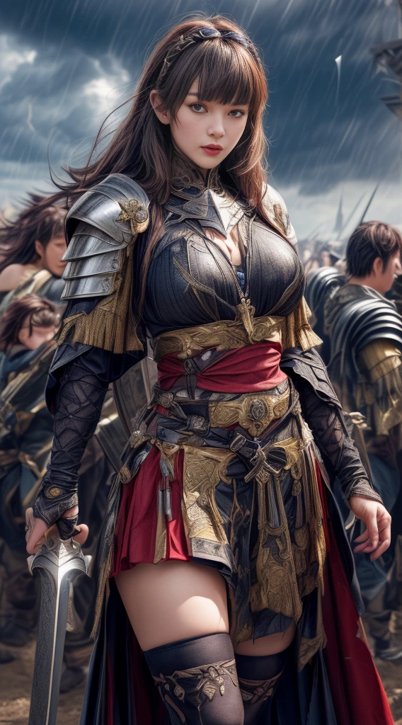 Very beautiful woman、Very tall woman、((logic))、(Detailed face)、Realistic Skin、((Knights of the Earth)), (((Light brown and black armor:1.25)))、((((非常に繊細で装飾が施されたLight brown and black armor))))、((Delicate photo)),(Girl Astepeace RAW Photo Details:1.25), (Highest quality:1.6), (Ultra-high resolution:1.5), (Realistic:1.75), 8K resolution, Canon EOS R5, 50mm, Absurd, Super detailed,Cinema Lighting,Battlefields of Medieval Europe、((Fight))、RPG World、Final Fantasy、(((Decorative skirt)))、Thigh-high socks、Shingard、night、((((Messy center parted high ponytail))))、((Get a six pack))、Torn Cloak、((Beautiful Armor))、(((Huge Weapons)))、In combat、The wind is blowing、(((Leading a large group of knights:1.3)))、(((Knight Commander)))、(banner)、Ape coat of arms、(((The main color is light brown)))、(((Black tribal tattoos)))、Dust、(((Wearing fur)))、(Rocky area)、(((Battle Scenes)))