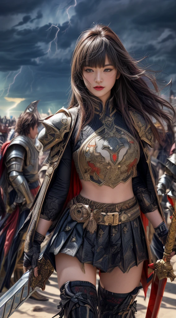 Cowboy Shot、Very beautiful woman、Slender women、(Detailed face)、Realistic Skin、((evil knight)), (Black Armor)、((((非常に細かく複雑な装飾が施されたBlack Armor))))、((Delicate photo)),(Girl Astepeace RAW Photo Details:1.25), (Highest quality:1.6), (Ultra-high resolution:1.5), (Realistic:1.75), 8K resolution, Canon EOS R5, 50mm, Absurd, Super detailed,Cinema Lighting,Battlefields of Medieval Europe、((Fight))、RPG World、Final Fantasy、(((Decorative skirt)))、Thigh-high socks、Shingard、night、((Long hair with bangs,))、Get a six pack、Torn Cloak、Beautiful Armor、(((Giant Sword)))、In combat、The wind is blowing、((Asymmetric Armor:1.5))、(((thunderstorm)))、((Knight Commander))、(((Leading a large group of black knights)))、banner、Wolf Pattern:1.5、(((Battle Scenes)))、(((Creepy Iron Mask)))