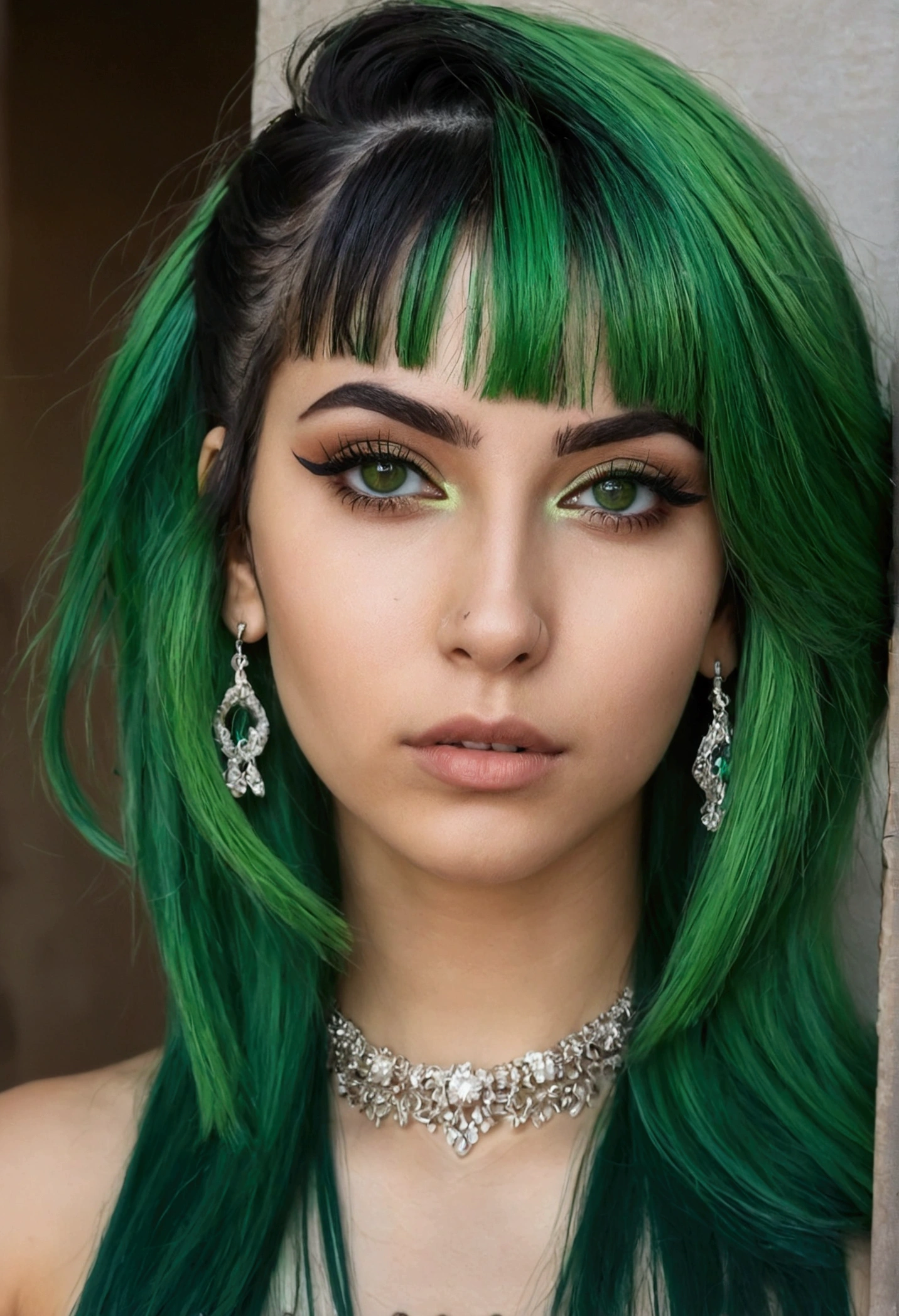   realista com franja e olhos verdes e um cabelo loiro  curto com mechas pretas e piercing no nariz  fazendo sinal 🤘 com língua pra fora 